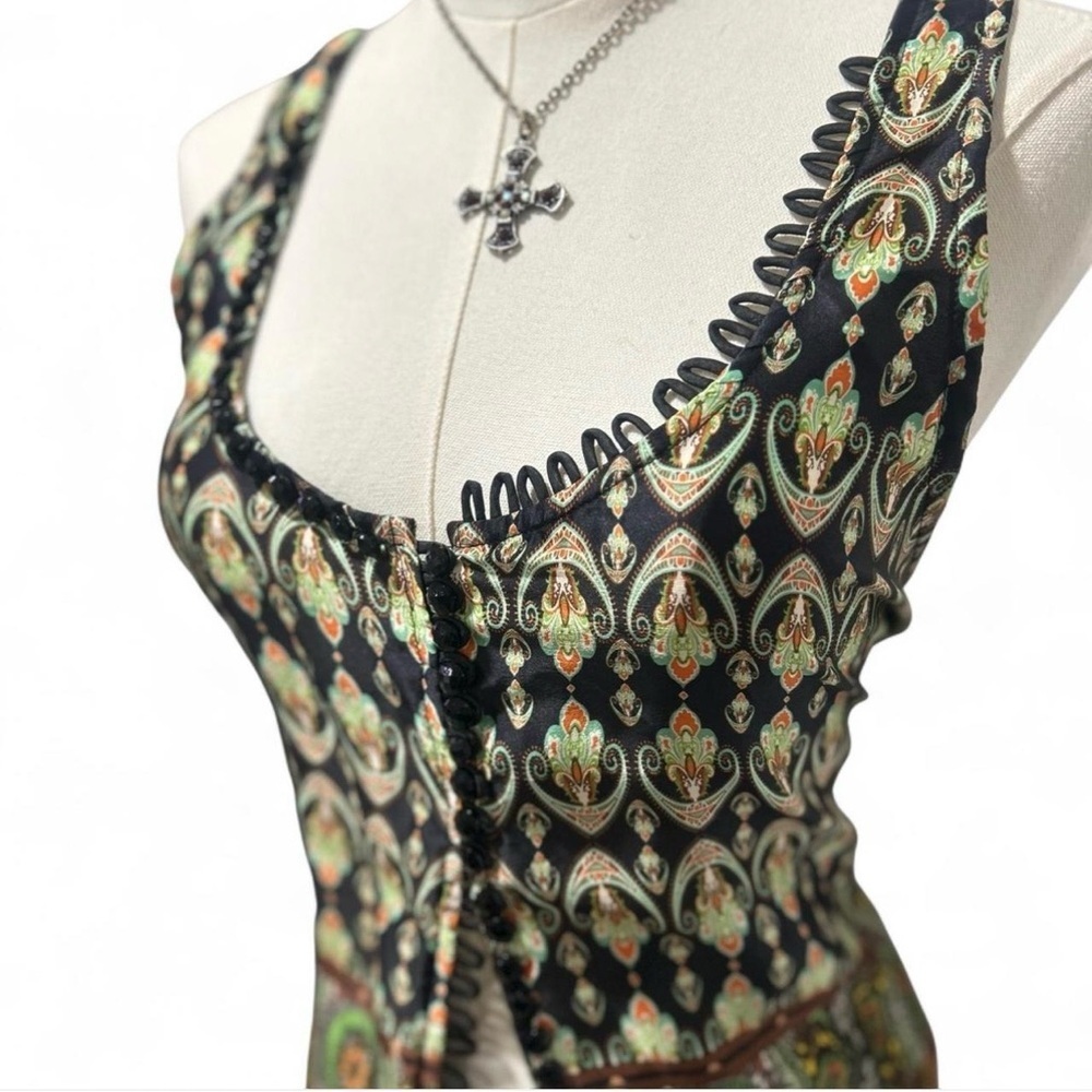 Indie Paisley 100% Silk Sleeve-less Razor Back Napoleon Style Button Down Size L - Picture 2 of 8